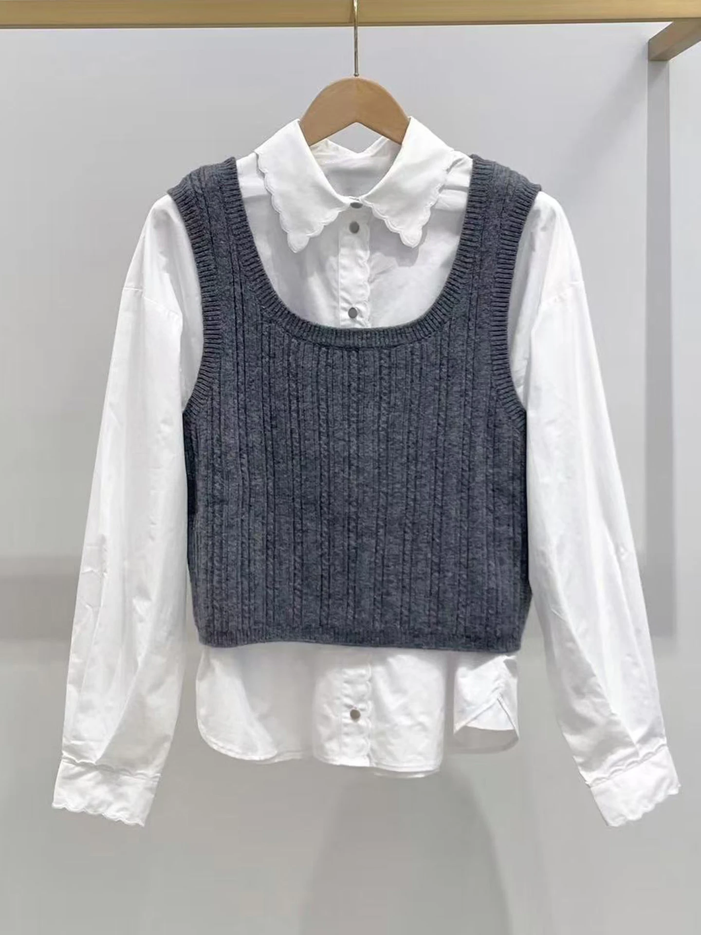 

M Home Nan You High End Women's Knitted Patchwork irt Top Autumn Design Sensation Fake Two-Piece Loose Fit Commute Sle