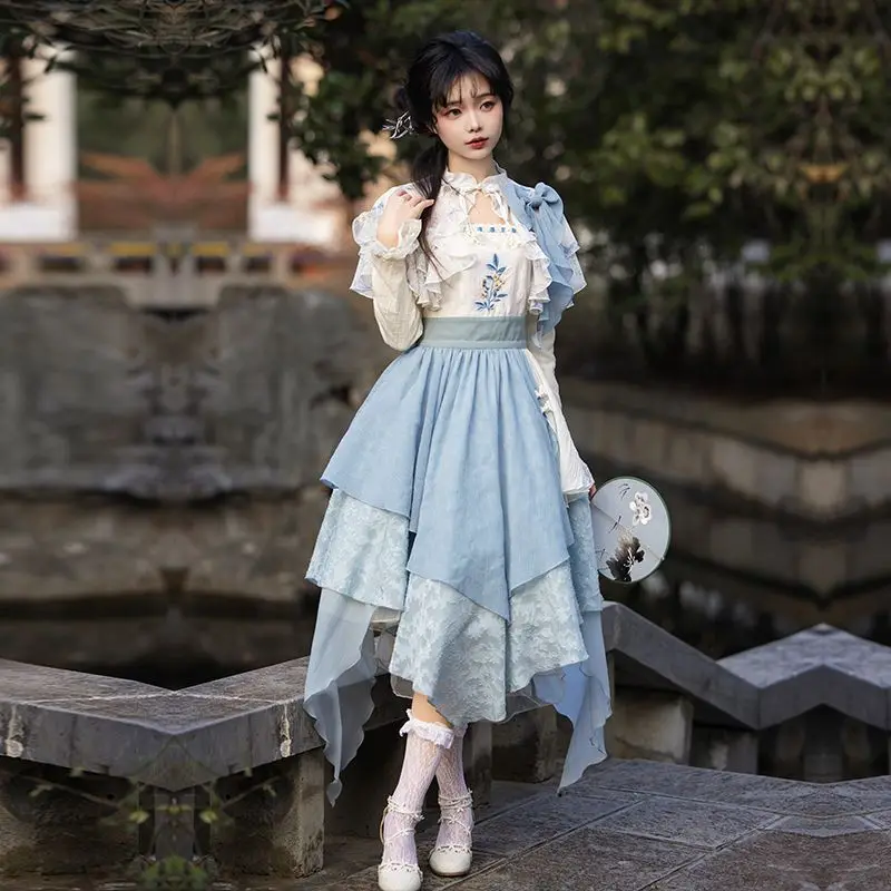 Chinese Traditional Bow Flower Embroidery Stitching Irregular Slim Long Sleeved Lolita Dress Women's Sweet Tea Party Dresses