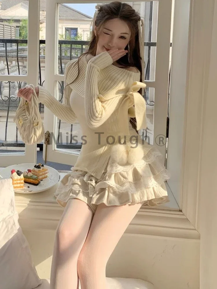 Winter French Vintage Sexy Knitted Pullover Women Off Shoulder Designer Elegant Sweater Female Korean Fashion Casual Tops 2024