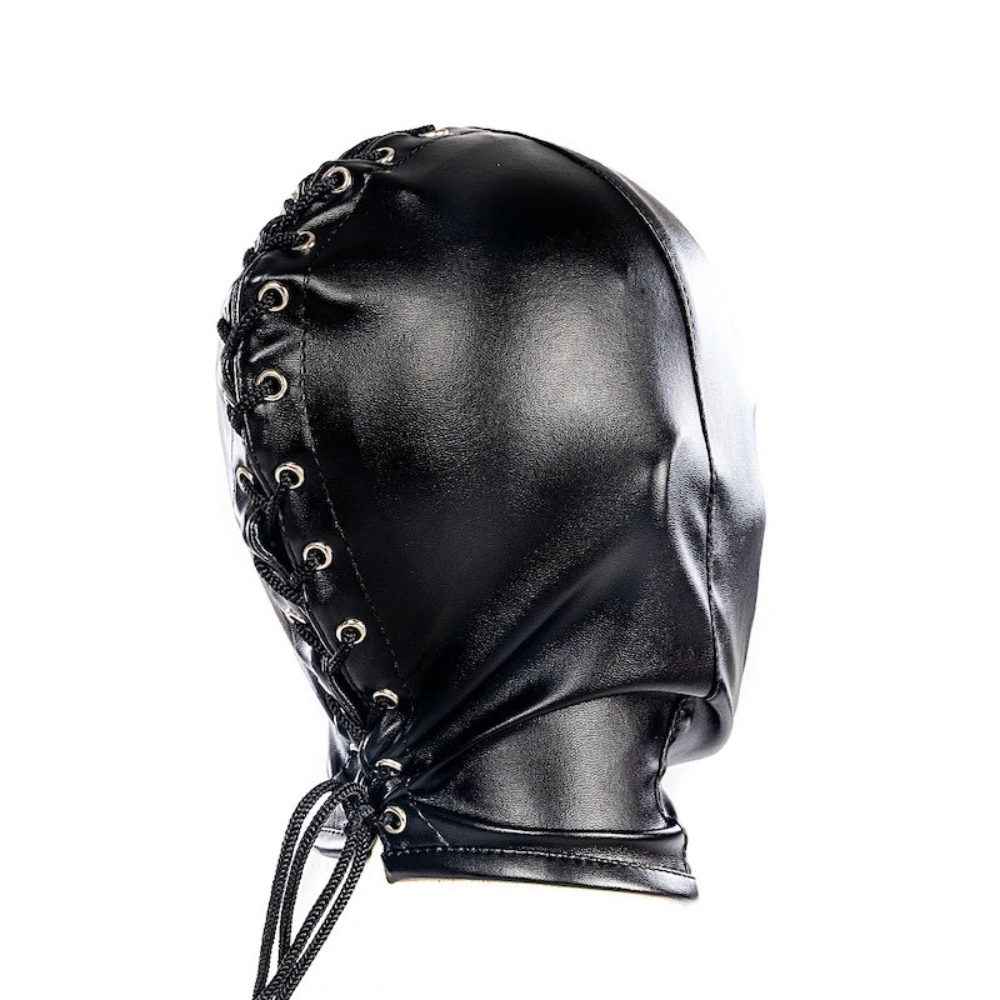 Adult Bondage Game Black Soft PU Leather Lace Up Open Mouth Full Coverage Mask Restraint