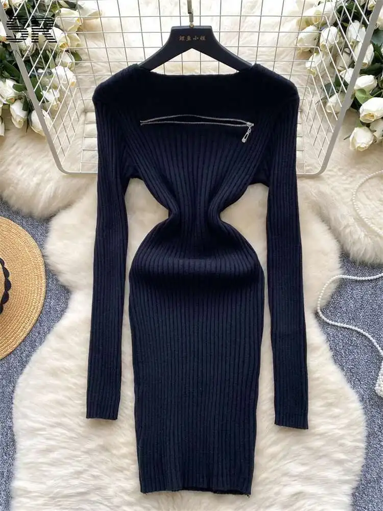 

BabYoung Winter Sexy Knit Dress Hollow Out Skinny Solid Zipper Design Long Sleeve Temperament O Neck Women Basics Mini Dresses