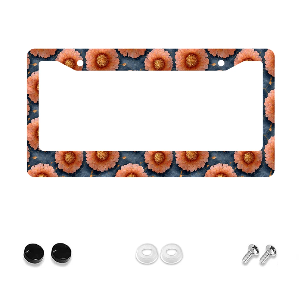 

1pc Orange Floral Pattern 2-Hole License Plate Frame Aluminum Material 6x12 Inches with Screw Kit Retro Novelty Car Decoration