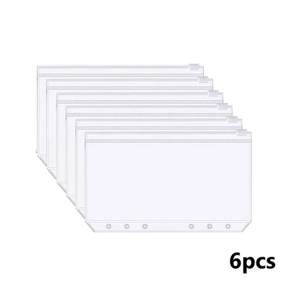 6Pcs New A6 6-Hole Binder Pockets Waterproof PVC Zipper Binder Pouches Transparent Receipt Bag Savings Challenge Binder Pockets
