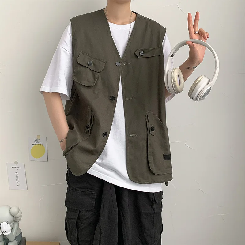 

Pure Cotton Summer Men New High Street Multiple Pockets Solid Color Workwear Coat Loose All-match Kam Shoulder Sleeveless Tops