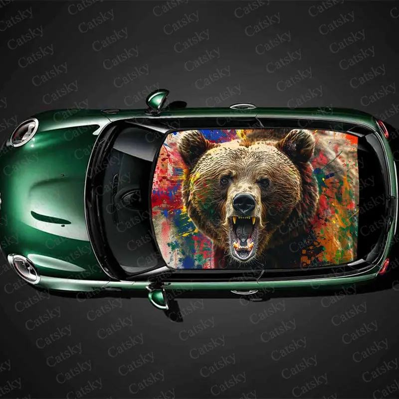 

Angry Bear Painting Print Car Roof Sticker Wrap Racing SUV Auto Accessories Packaging PVC Car Hood Graphic Decal Decoration