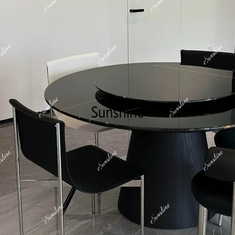 YNatural, solid wood round Italian minimalist black clubhouse large flat dining table