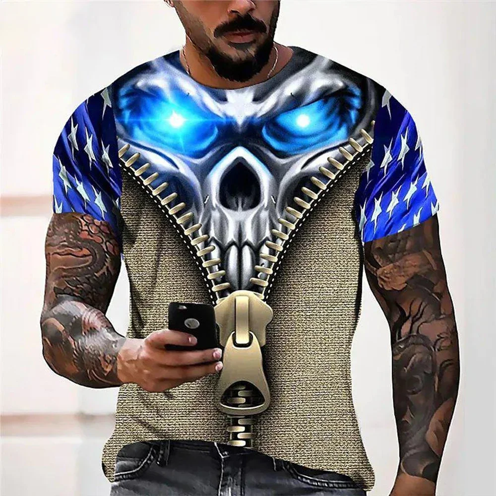 Summer Men Hip Hop Retro Cool 3D Skull Graphic Printed Short Sleeve T Shirt Soft Loose Street Daily Casual Tops view 2