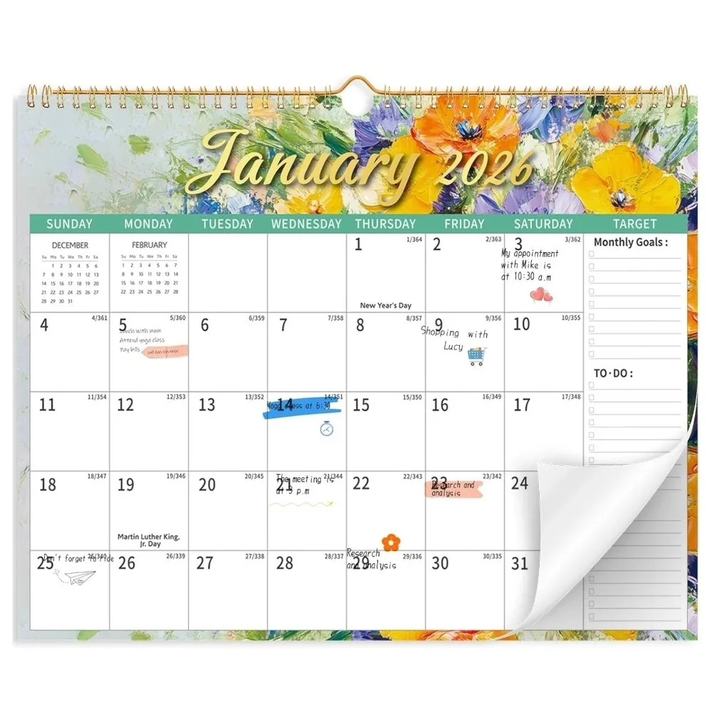 

2026 Jan.- 2027 Jun Wall Calendar 18 Months Spiral Binding Monthly Calendar Wall Mount Flower Pattern Desktop Planner Office Use