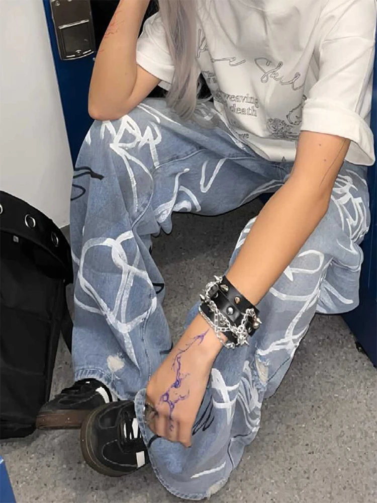 Женские мешковатые джинсы с граффити в стиле гранж в американском стиле ретро Harajuku High Street 2000-х годов, широкие джинсы Y2k, японские джинсовые брюки, новинка в стиле хип-поп