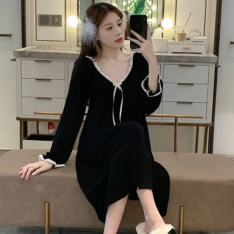 Plus Size 5XL 150kg Pijamas Set for Women Solid Color Sleepwear Female Autumn Long Sleeve Night grown O Neck Long Night dress