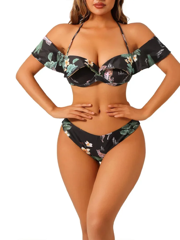 Sexy Print Ruffles Bikinis 2 Piece Set Women Split Swimsuit Backless Spaghetti Strap Vacation Bikini 2026 New Summer Bikinis Set