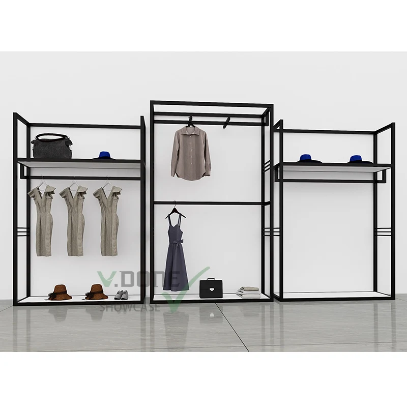 

Customize.Modern Hanging Garment Commercial Wall Shelving Units Clothes Store Fixtures Shopfitting Boutique Black Clothing Displ