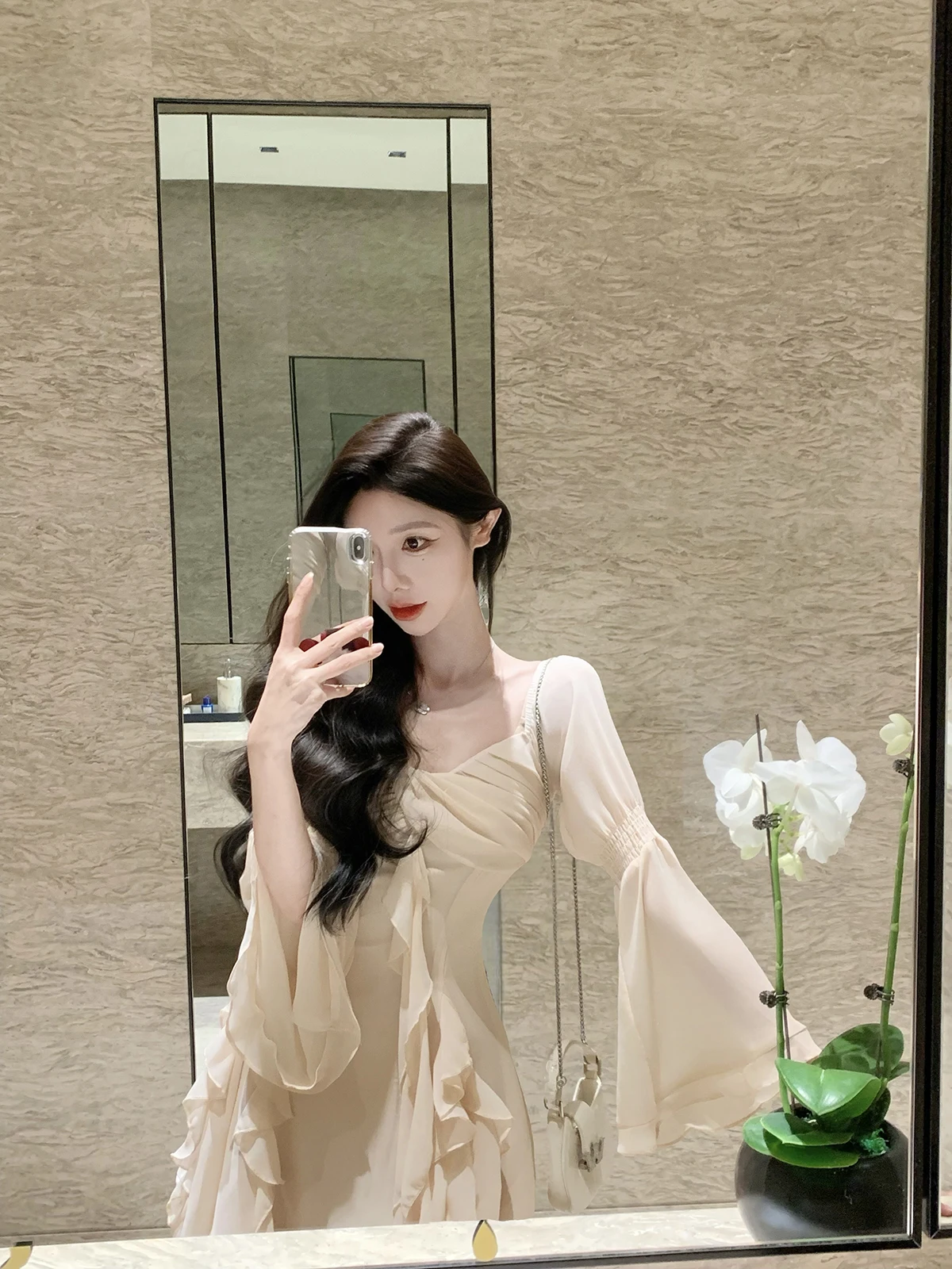 

Sexy Short Skirt Midi Dress Women's Belted Chiffon Summer New Arrival Slimming A-Line Dress City Commute Suitable Long Sleeve