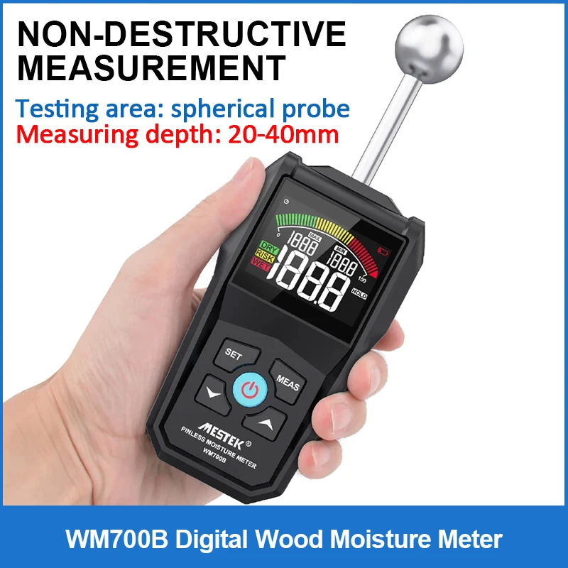 WM700B Digital Wood Moisture Meter Non-destructive Hygrometer Double Sided Humidity Tester Self Calibration Timber Damp Detector