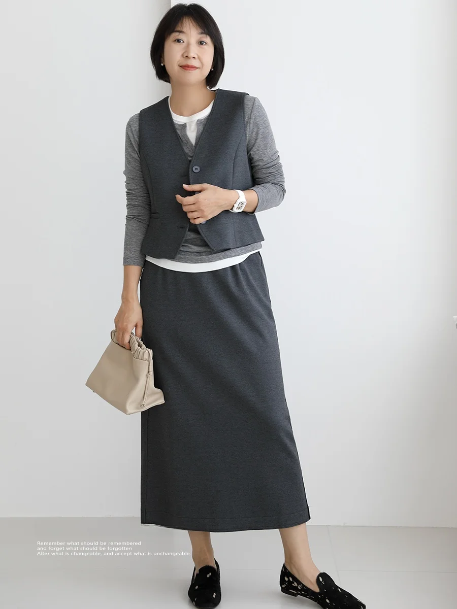 

Silk Wool Acetate Set Tee-Inch Timel 42 Ele Straight Leg Pants High Waist Skirt Vest Button-Up ort Sve V-Ne