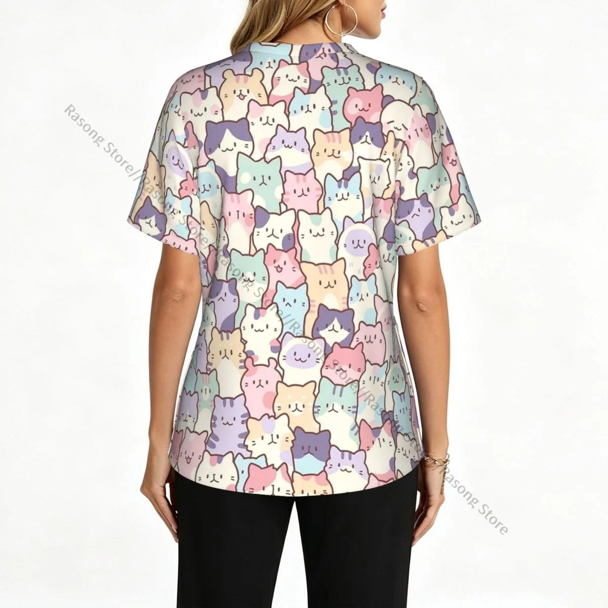 Women Scrubs Blouse Medical Nurse V-neck Clinical Scrubs Top Cute Cats Operating Room Work T-shirt