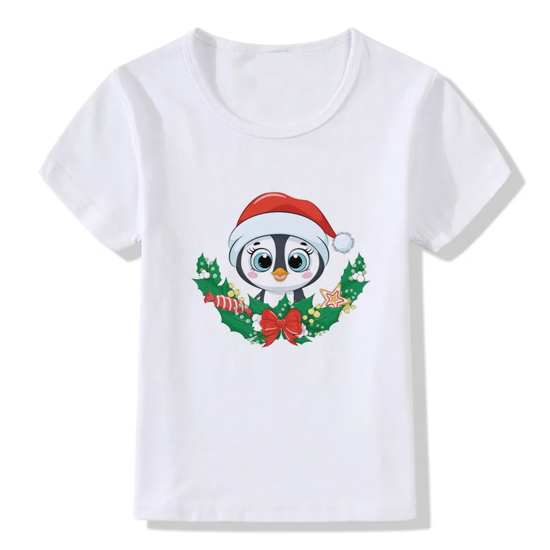 Children's Christmas T-shirt New Cartoon Animal Penguin Sika Deer Print T-shirt Short Sleeve Shirt Kids Clothes