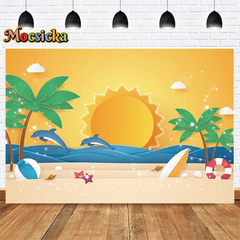 Mocsicka Summer Photography Background Beach Palm Tree Dolphin Seaside Sunset Party Backdrop Adult Kids Birthday Portrait Banner