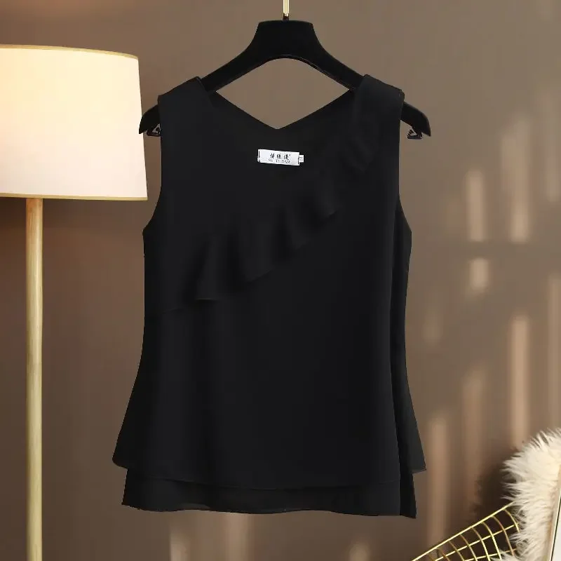Banerdanni 2026 Estate Nuove Donne Increspature Allentate Camicette di Chiffon Senza Maniche Con Scollo A V Maglia Femminile di Grandi Dimensioni 6XL Magliette E Camicette Blusas De Mujer