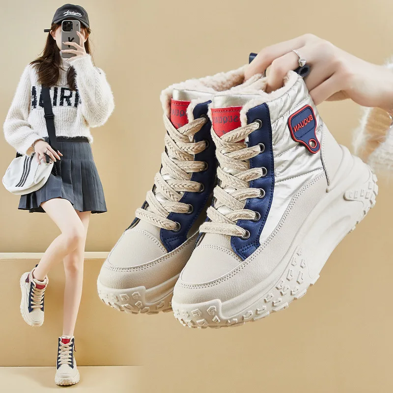 

2024Winter High-Top Fleece-Lined Dad Shoes New Korean StyleinsFemale Student Thick Bottom Heightened Casual WarmK6719