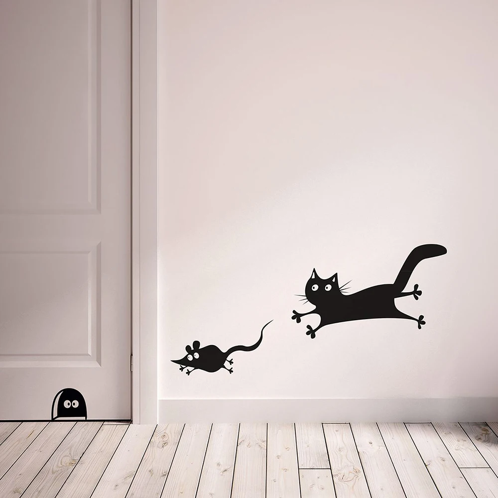 Cartoon Mouse and Cat Door Table Wall Sticker Decal Living Room Playroom Funny Animal Vinyl Kitchen Home Decor