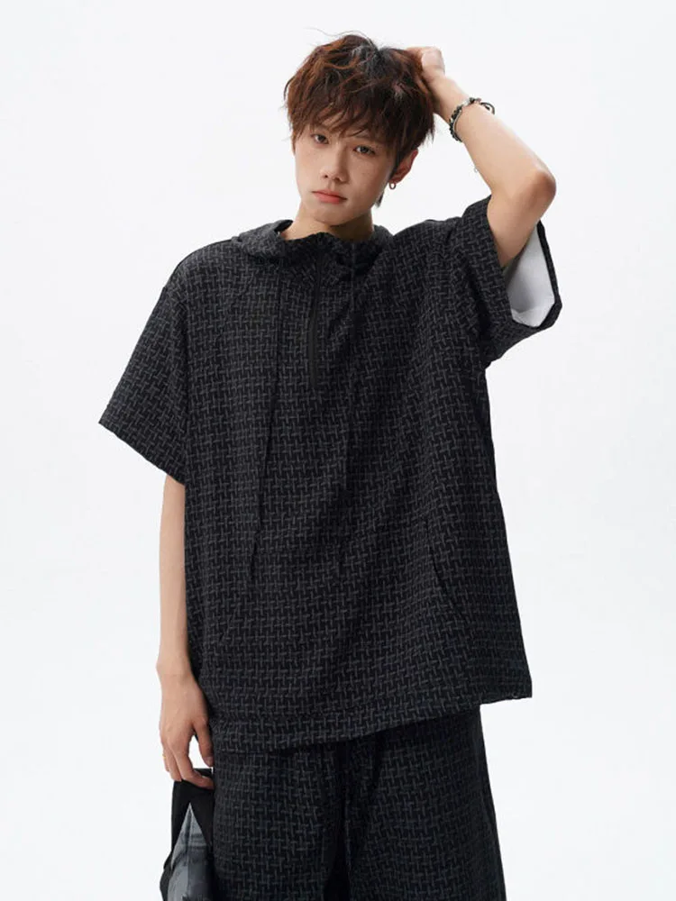 

Summer Printed Shorts Two-piece Set American Fashion Street Style Loose Hooded Half Zip T-shirt Shorts 5xl Men's Casual Sets