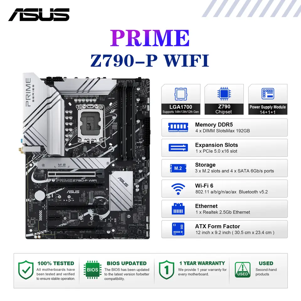 لوحة أم ASUS PRIME Z790-P WIFI مقبس Intel LGA1700 لمعالجات الجيل 14 و13 و12 ذاكرة DDR5 7200+ (OC) شريحة Z790