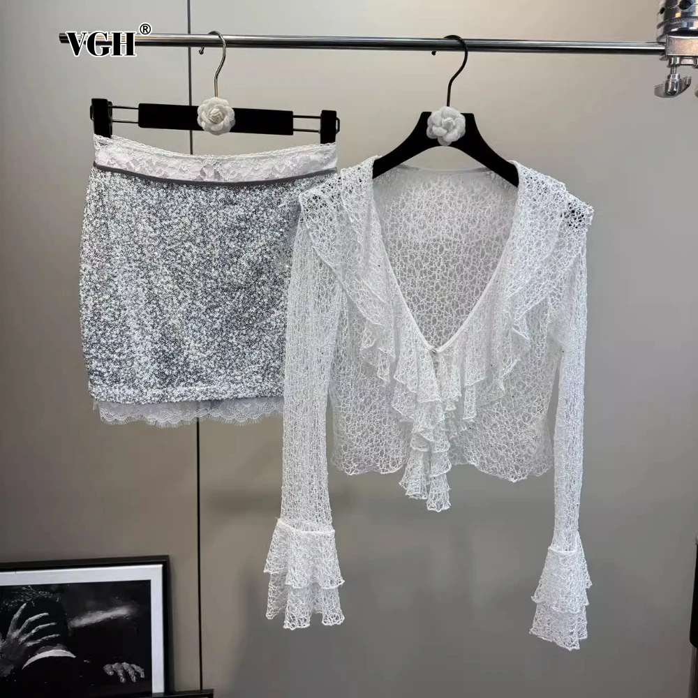 

VGH Two Piece Set for Women Patchwork Ruffles Deep Neck Long Sleeve Hollow Out Top High Waist Mini Skirt Hotsweet Style Female