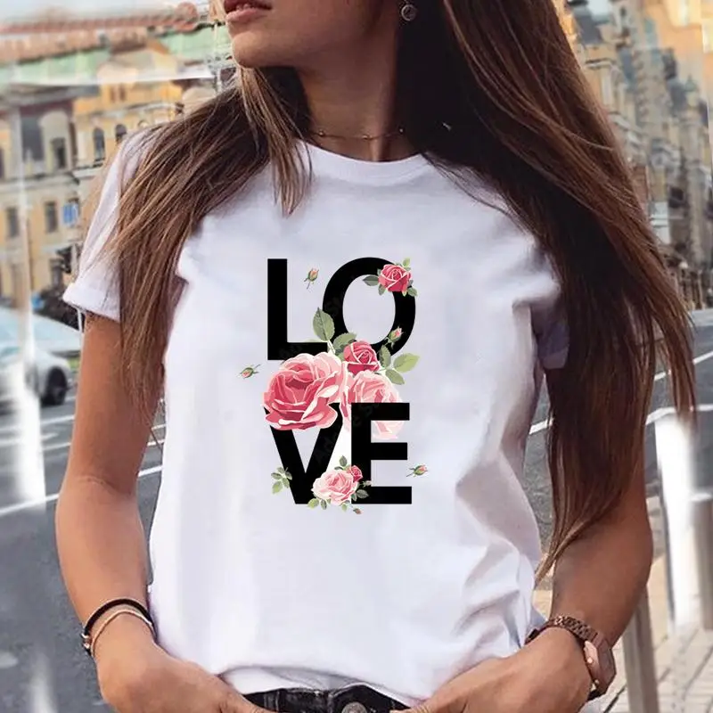 

LOVE Print T-shirts Plant New Spring 90s Summer Fashion Women Cartoon Shirt Stylish Graphic Top Short Sleeve Female Tee T-Shirt