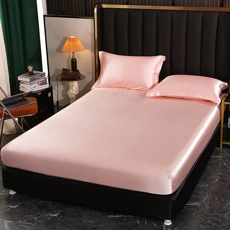 

WOSTAR Pink satin rayon fitted sheet elastic mattress protector cover adjustable luxury double bed linens 2 people bedsheet 150