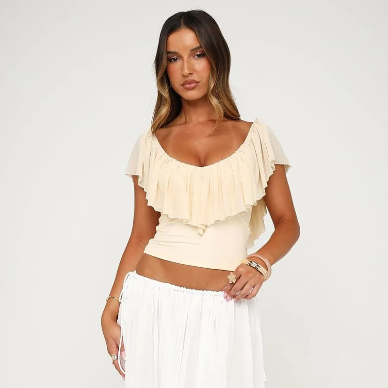 C26TP162 Style Women's Sexy Backless T-Shirt Floral Lace Trim Belted Spring Summer New Large Collar Top for Traveling