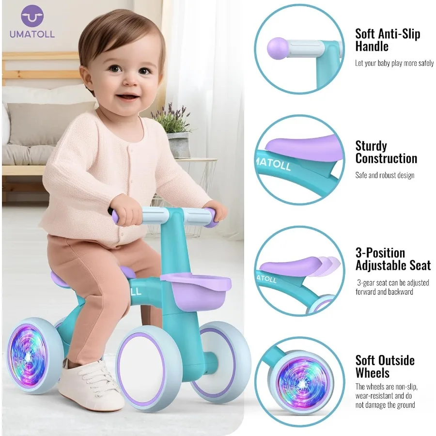 Juguetes de bicicleta de equilibrio para bebés con iluminación colorida, regalos para niños de 1 año, andador de asiento ajustable, regalos de cumpleaños para niños de un año
