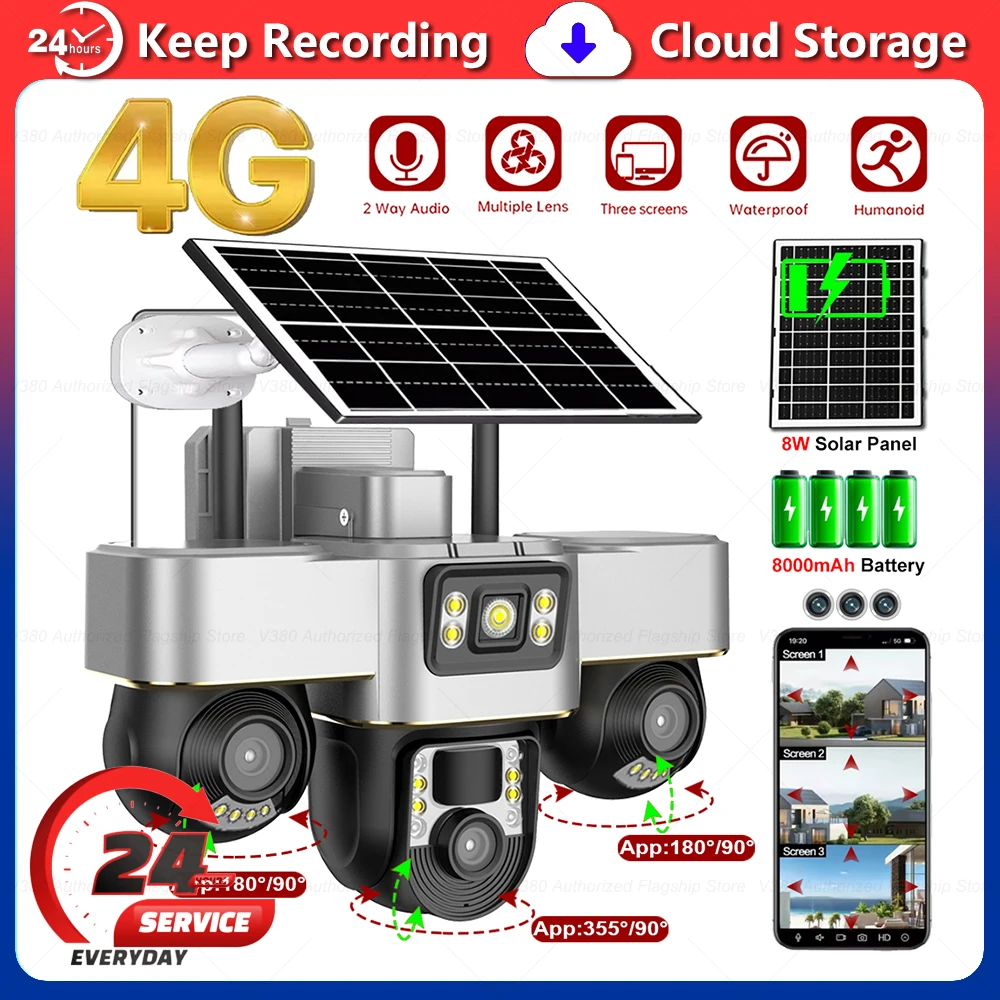 

V380 Pro 4G Solar Camera with 100M Traffic SIM Card IP Wireless LTE Video Surveillance 8000mAh Battery 3 PTZ Lens CCTV Cameras