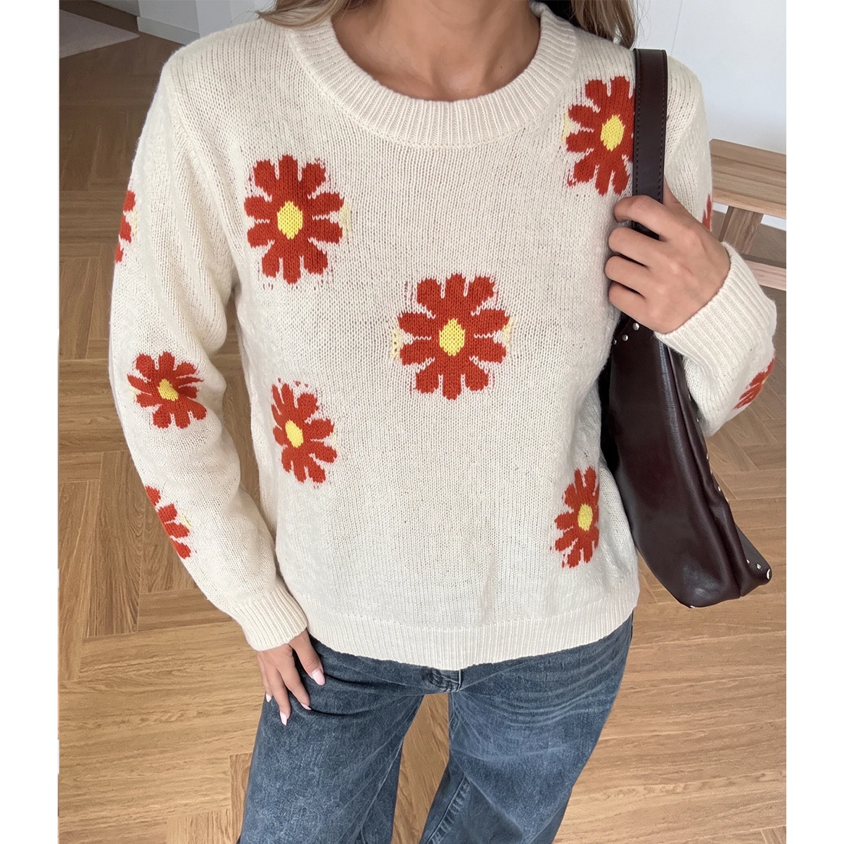 Suéter Casual de Cuello Redondo para Uso Diario, Diseño Fresco con Margaritas, Top de Punto de Manga Larga, Jersey Versátil y Moderno para Mujer