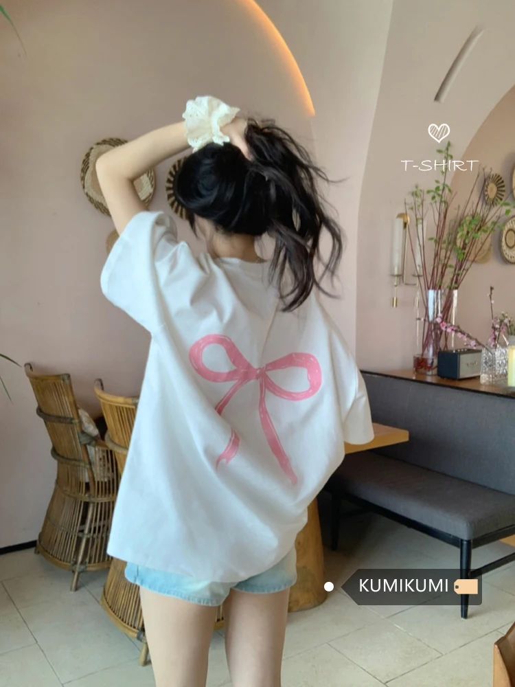 

White Gray Graphic Bow Loose T-Shirt Women Casual Oversized T Shirts Top #korean y2k cloth e-girl fairycore 00s grunge aesthetic