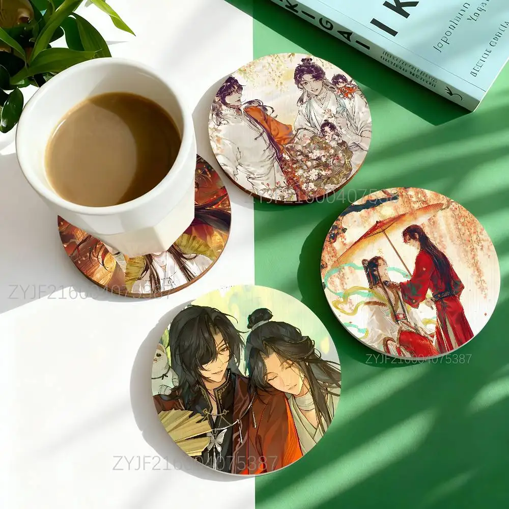 

Tian Guan Ci Fu Round Wooden Coasters Heat Resistant Non-slip Drink Cafe Decoration 2D Flat Color Print Coasters Set