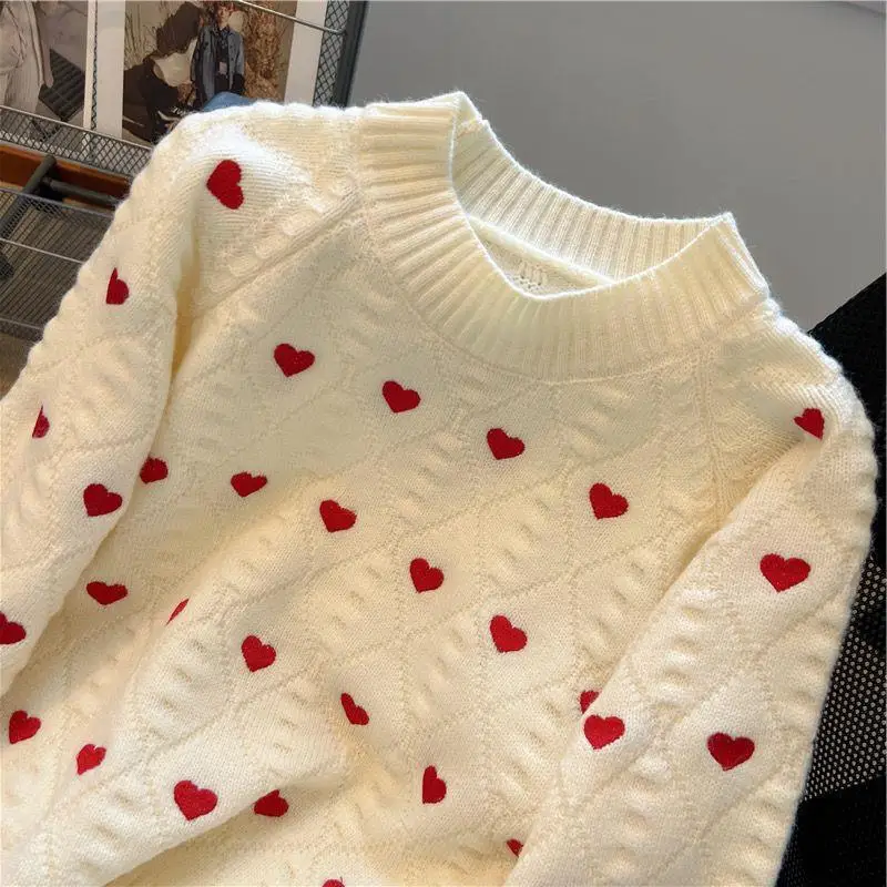 Yangelo Fashion Heart Love ricamo Pullover lavorato a maglia maglione Vintage maniche lunghe o-collo donna Chic Lady Tops