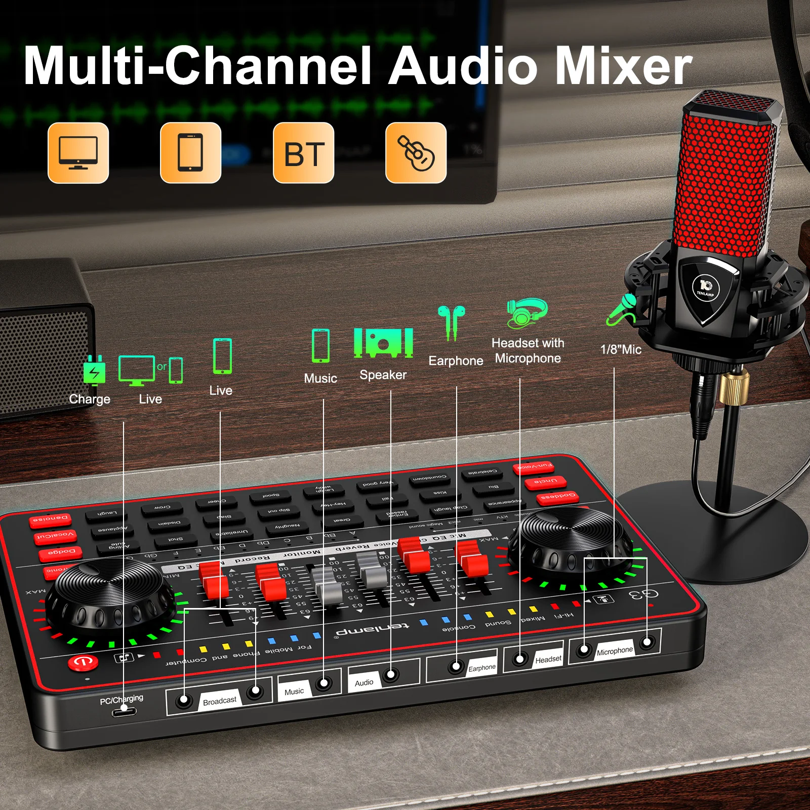 

Tenlamp Audio Interface DJ Mixer Sound Card/Board Condenser,G3 Audio Mixer With Bluetooth for Podcast Equipment Bundle,Suitable For Laptops, Mobile Phones, Game Recording,Professional Live Sound Card Voice Changer Mobile for Streaming