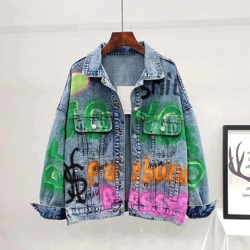 Letters Graffiti Print Denim Jacket Women Cowboy Outerwear Chaqueta Mujer Spring Autumn Loose Big Pocket Jeans Jackets Female