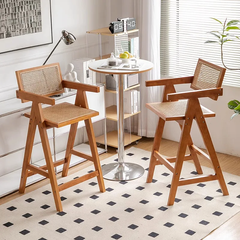 

Solid Wood Bar Chair Light Luxury Retro Rattan High Modern Home Island Chair Medieval Designer