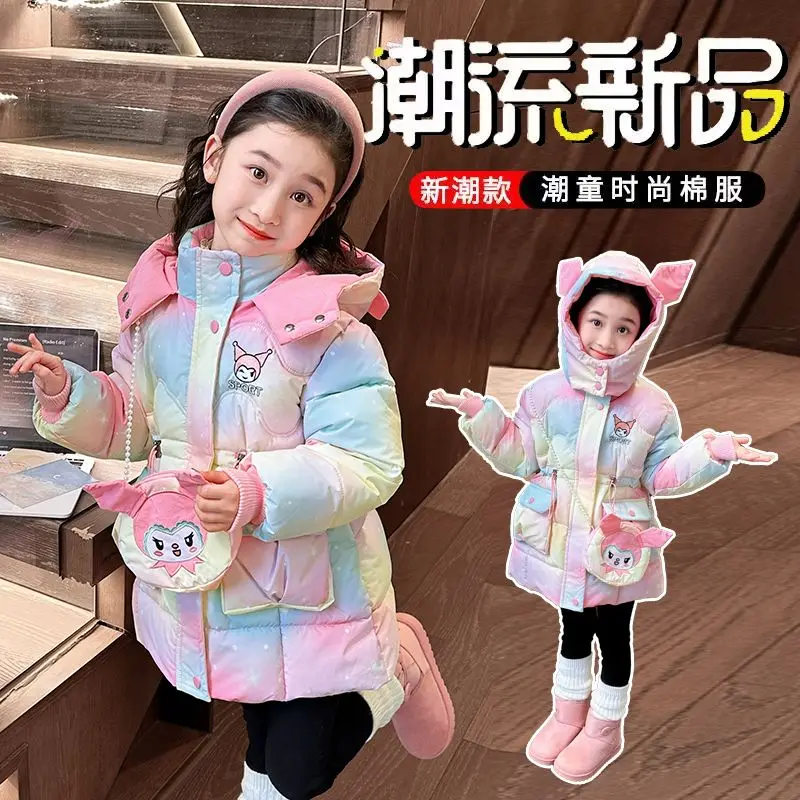 

Зимняя хлопковая стеганая куртка для девочек, детское утепленное пальто принцессы Куроми Санрио с капюшоном, кавайная теплая одежда, верхняя одежда с сумкой