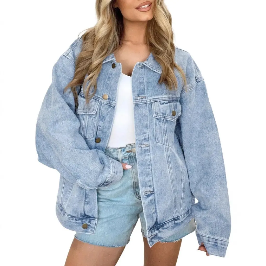 Jaket Denim Wanita Ukuran Besar Lengan Panjang Kancing Depan Model Mantel Fashion untuk Musim Gugur 25 Model Terbaru