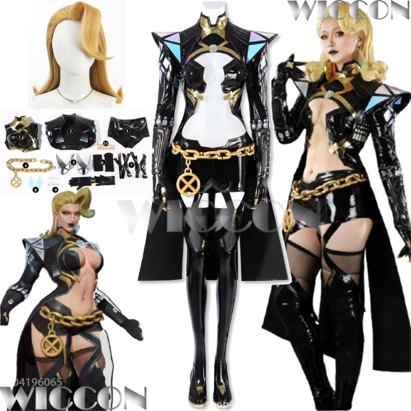Reina blanca Emma Grace Frost juego Mavl Cosplay Sexy vestido negro uniforme para batalla chica guay peluca rubia mujer Halloween Navidad Cos