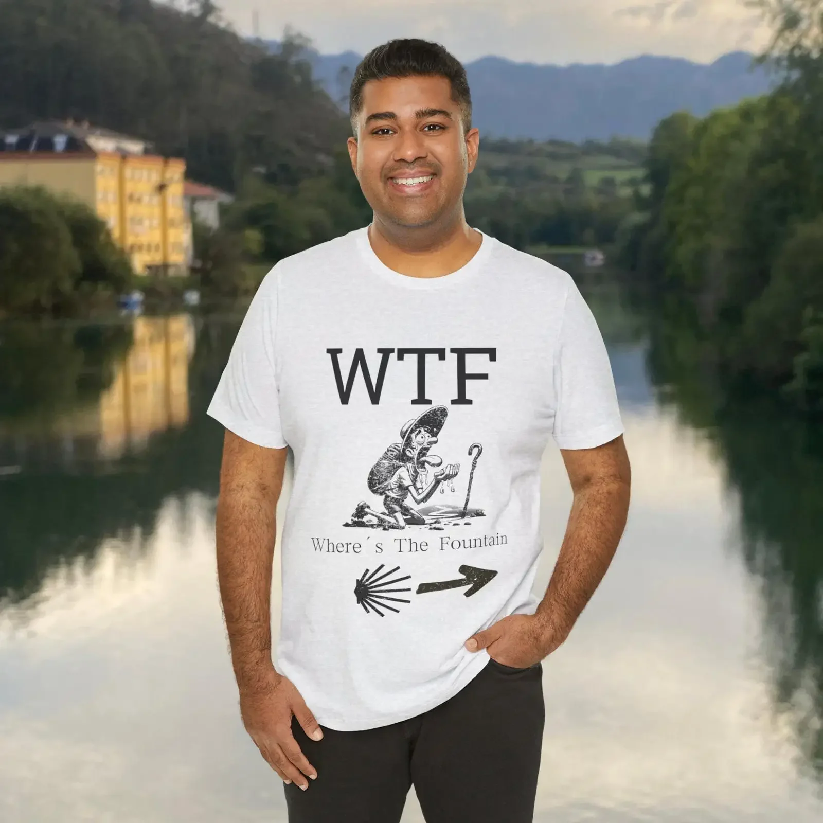 WTF Where amp 39 s the Fountain T Shirt Camino Pilgrim Humor vintage Washed Stylish homme Soft Breathable Comfortable
