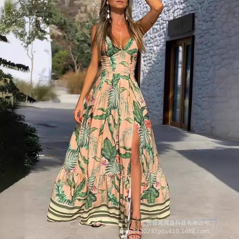 

Independent Refinement 2024 Spring Summer New Women's Clothing V-neck Printed Waist-Controlled Split Expansion Skirt Dress