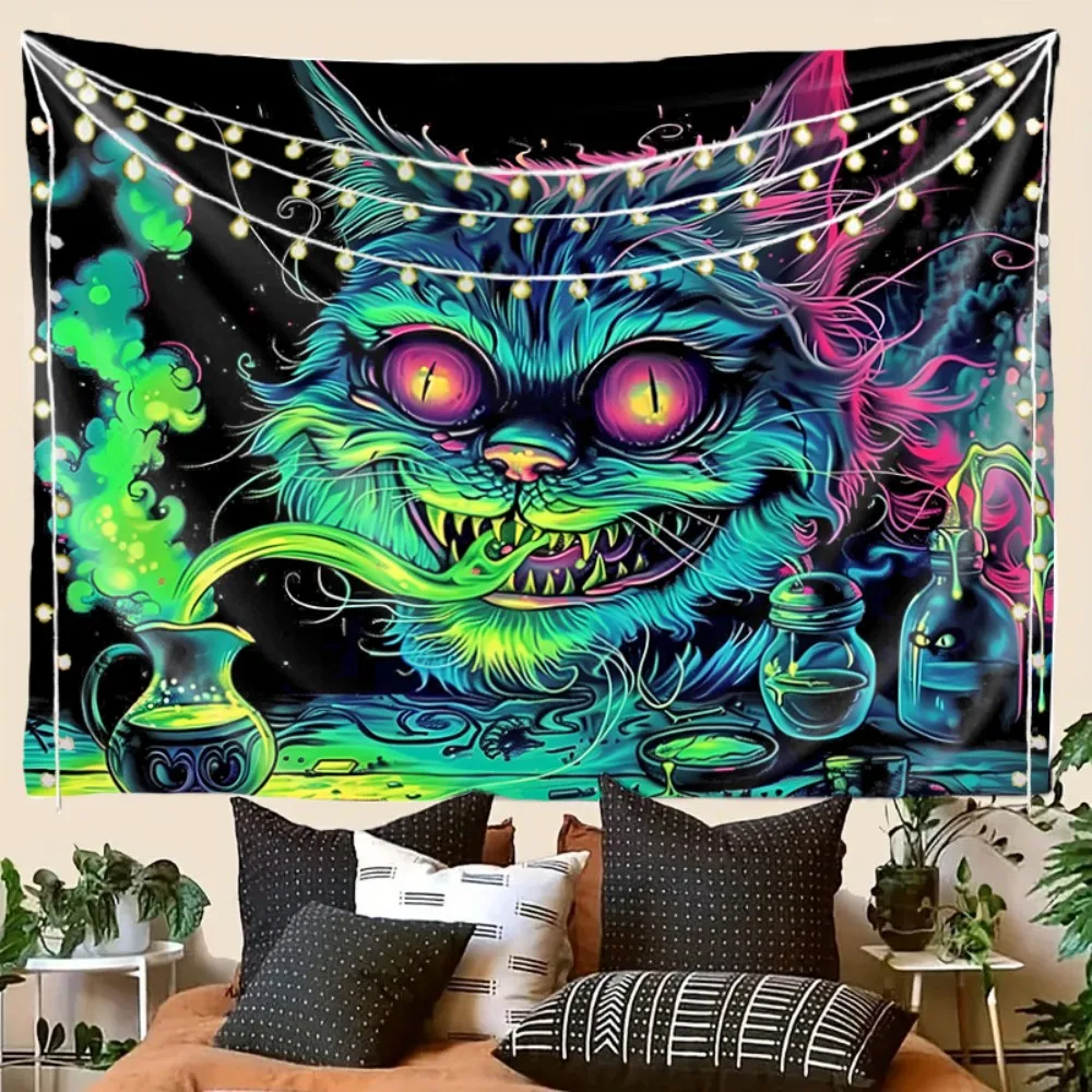 VIKAMA Wandteppich „Evil Cat“, dunkles Labor und grüner Rauch, Wandbehang, ästhetischer Wandteppich für Schlafzimmer, Schlafsaal und Wohnzimmer