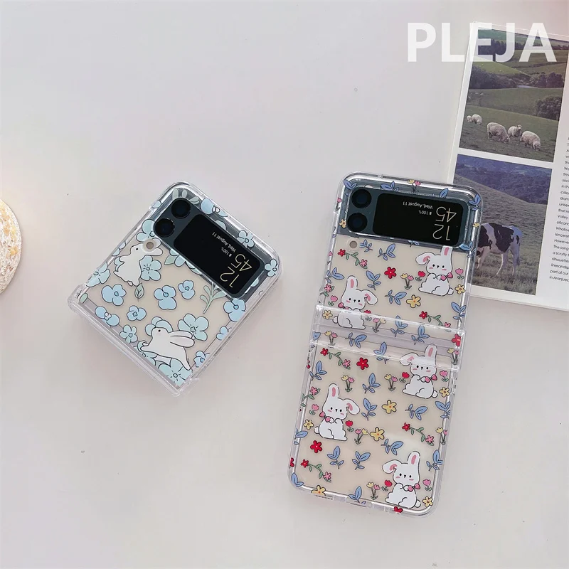 Korean Cute Flower Rabbit Chain Phone Case For Samsung Galaxy Z Flip 6 5 4 3 Z Flip3 Flip4 5G Cover Kawaii Cartoon Hinge Cases