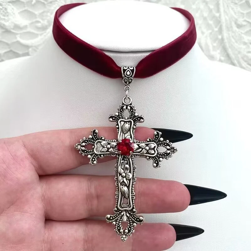 Gothic Large Cross Black Velvet Choker Vintage Cross Pendant Necklace Collar Grunge Women Men Accessories Jewelry