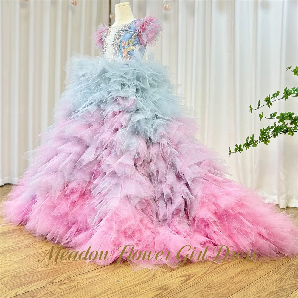 Meadow Pink Ombre Baby Kids Birthday Dress Feathers Wedding Dress for Girls 3-13 Years Old Layered Tulle Girls Princess Dress