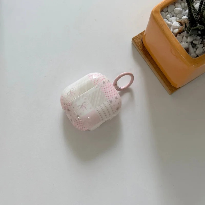 Ins Stitching Style IMD Pink Earphone Case with Ring for Airpods 1, 2, 3, 4, Pro, Pro2, Pro3